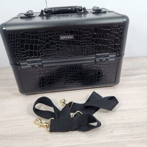 Sephora Pro Hard Shell Make Up Travel Case Faux‎ Black Alligator 13.5x9.5x8.5